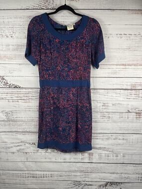 Go Fish Dress Women's XS Blue Red Print Rayon Short Sleeve Boho Mini Indonesia